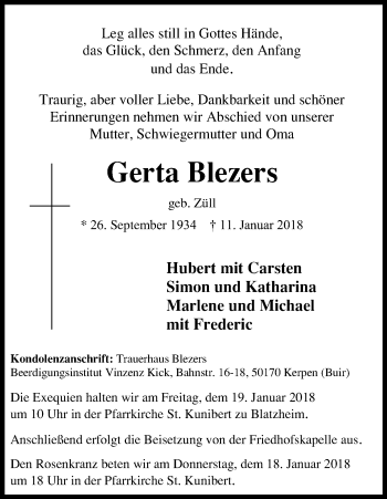 Anzeige von Gerta Blezers von Kölner Stadt-Anzeiger / Kölnische Rundschau / Express