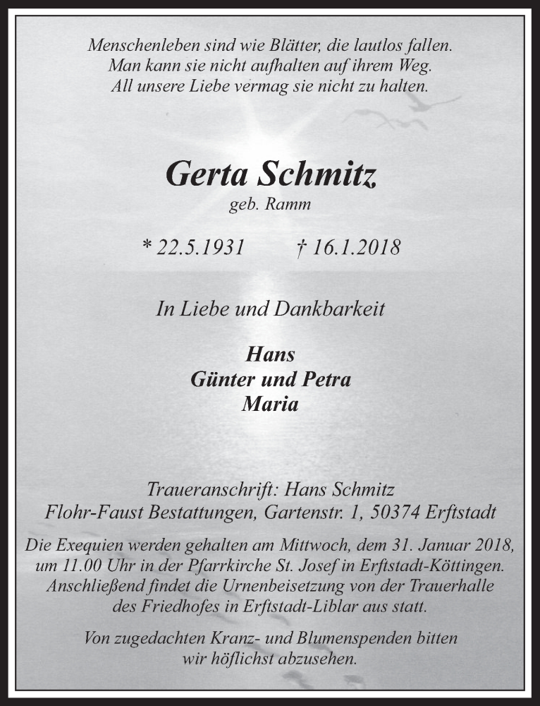  Traueranzeige für Gerta Schmitz vom 24.01.2018 aus  Werbepost 