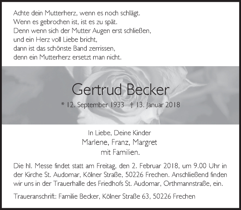  Traueranzeige für Gertrud Becker vom 27.01.2018 aus  Sonntags-Post 