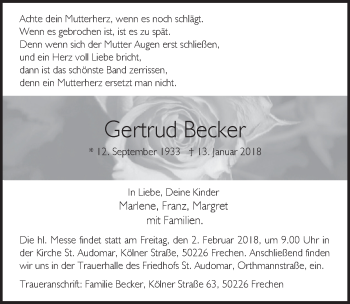 Anzeige von Gertrud Becker von  Sonntags-Post 