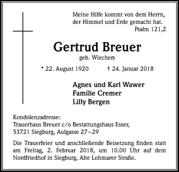 Anzeige von Gertrud Breuer von Kölner Stadt-Anzeiger / Kölnische Rundschau / Express