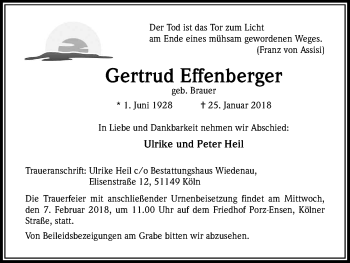 Anzeige von Gertrud Effenberger von Kölner Stadt-Anzeiger / Kölnische Rundschau / Express