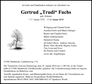Anzeige von Gertrud Fuchs von Kölner Stadt-Anzeiger / Kölnische Rundschau / Express