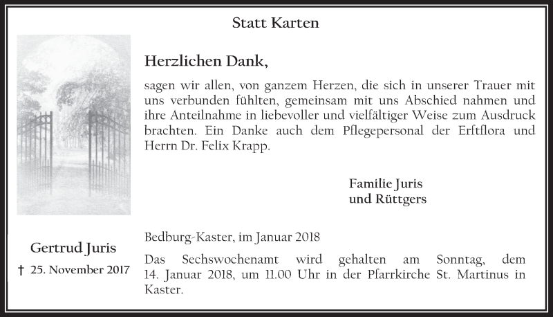  Traueranzeige für Gertrud Juris vom 10.01.2018 aus  Werbepost 