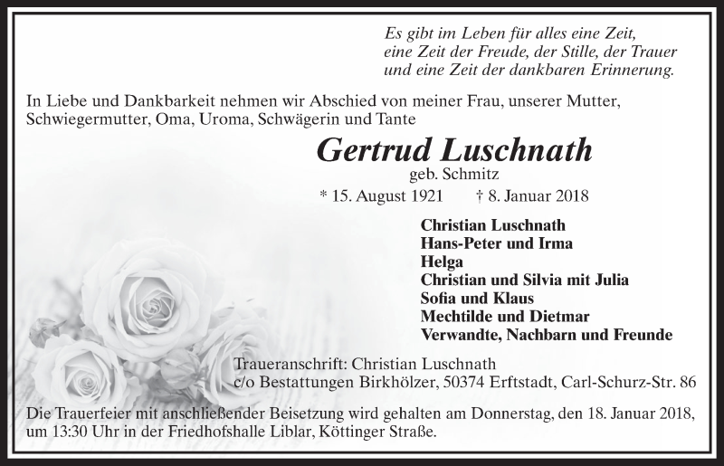 Traueranzeige für Gertrud Luschnath vom 13.01.2018 aus  Sonntags-Post 
