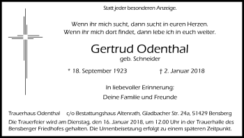 Anzeige von Gertrud Odenthal von Kölner Stadt-Anzeiger / Kölnische Rundschau / Express