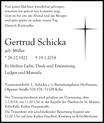 Anzeige von Gertrud Schicka von Kölner Stadt-Anzeiger / Kölnische Rundschau / Express