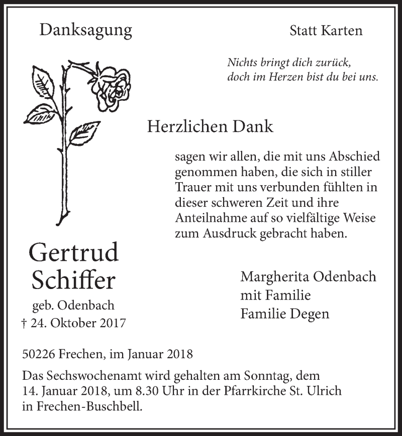  Traueranzeige für Gertrud Schiffer vom 03.01.2018 aus  Wochenende 