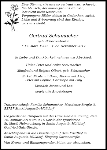 Anzeige von Gertrud Schumacher von Kölner Stadt-Anzeiger / Kölnische Rundschau / Express