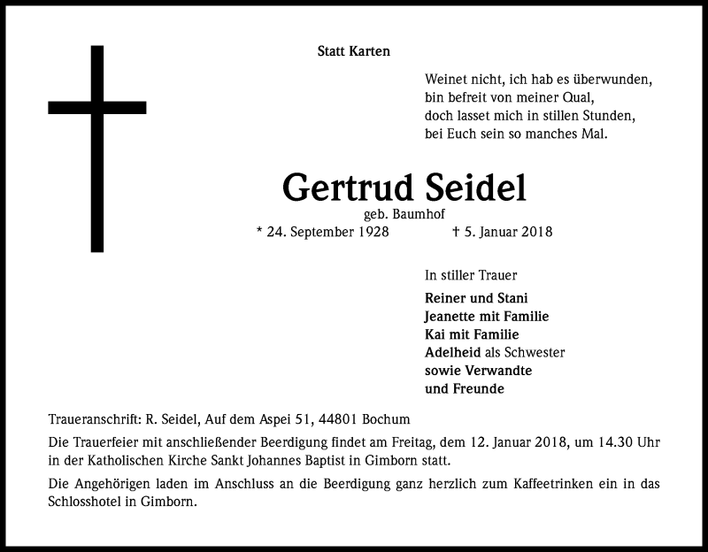  Traueranzeige für Gertrud Seidel vom 09.01.2018 aus Kölner Stadt-Anzeiger / Kölnische Rundschau / Express