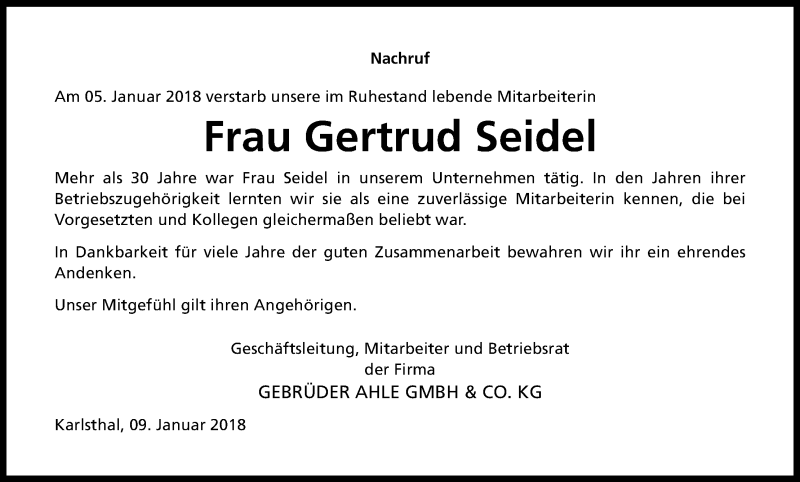  Traueranzeige für Gertrud Seidel vom 11.01.2018 aus Kölner Stadt-Anzeiger / Kölnische Rundschau / Express