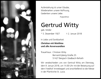 Anzeige von Gertrud Witty von Kölner Stadt-Anzeiger / Kölnische Rundschau / Express