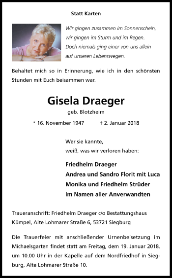 Anzeige von Gisela Draeger von Kölner Stadt-Anzeiger / Kölnische Rundschau / Express