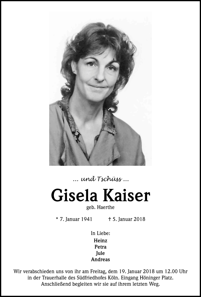 Traueranzeige für Gisela Kaiser vom 13.01.2018 aus Kölner Stadt-Anzeiger / Kölnische Rundschau / Express