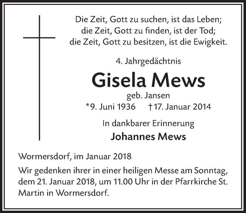  Traueranzeige für Gisela Mews vom 18.07.2023 aus  Schaufenster/Blickpunkt 