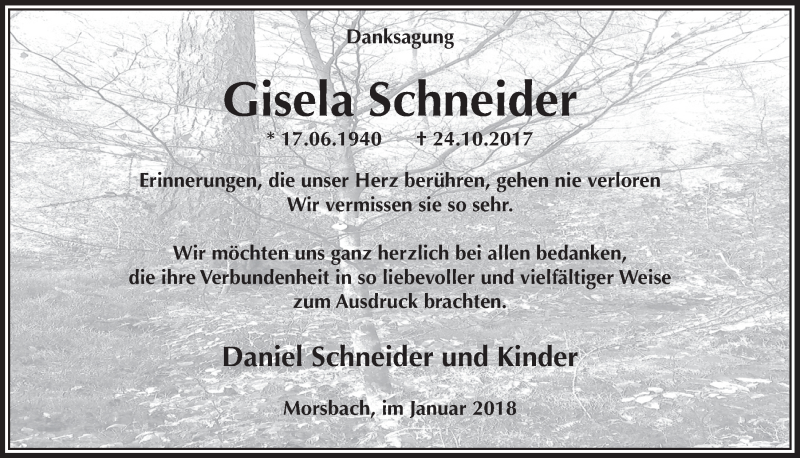  Traueranzeige für Gisela Schneider vom 17.01.2018 aus  Lokalanzeiger 