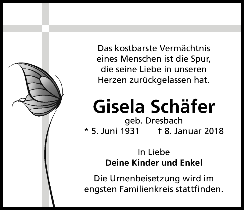  Traueranzeige für Gisela Schäfer vom 13.01.2018 aus Kölner Stadt-Anzeiger / Kölnische Rundschau / Express