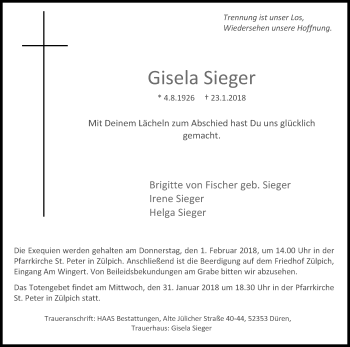 Anzeige von Gisela Sieger von Kölner Stadt-Anzeiger / Kölnische Rundschau / Express