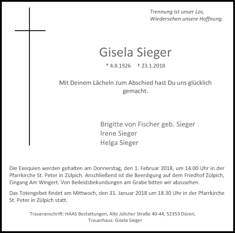  Traueranzeige für Gisela Sieger vom 30.01.2018 aus Kölner Stadt-Anzeiger / Kölnische Rundschau / Express