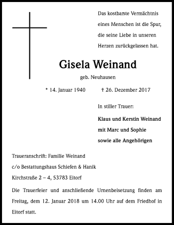 Anzeige von Gisela Weinand von Kölner Stadt-Anzeiger / Kölnische Rundschau / Express
