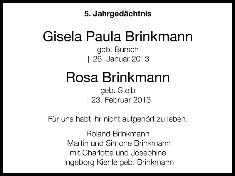 Traueranzeige für Gisela Paula Brinkmann vom 26.01.2018 aus Kölner Stadt-Anzeiger / Kölnische Rundschau / Express