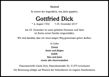Anzeige von Gottfried Dick von Kölner Stadt-Anzeiger / Kölnische Rundschau / Express