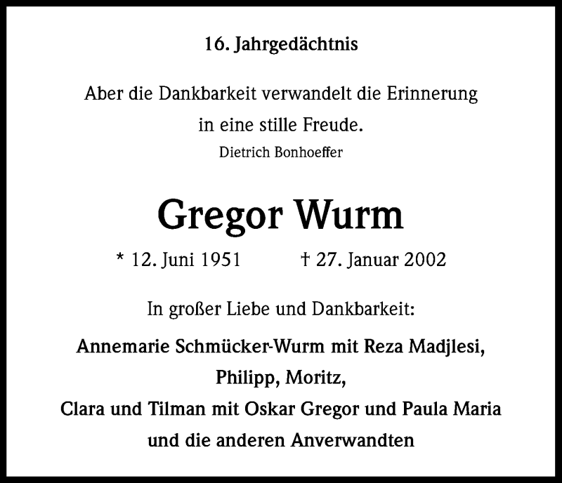  Traueranzeige für Gregor Wurm vom 27.01.2018 aus Kölner Stadt-Anzeiger / Kölnische Rundschau / Express