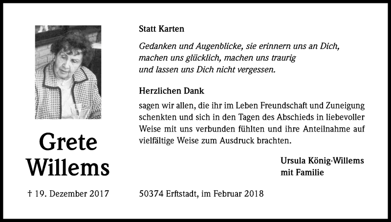  Traueranzeige für Grete Willems vom 27.01.2018 aus Kölner Stadt-Anzeiger / Kölnische Rundschau / Express