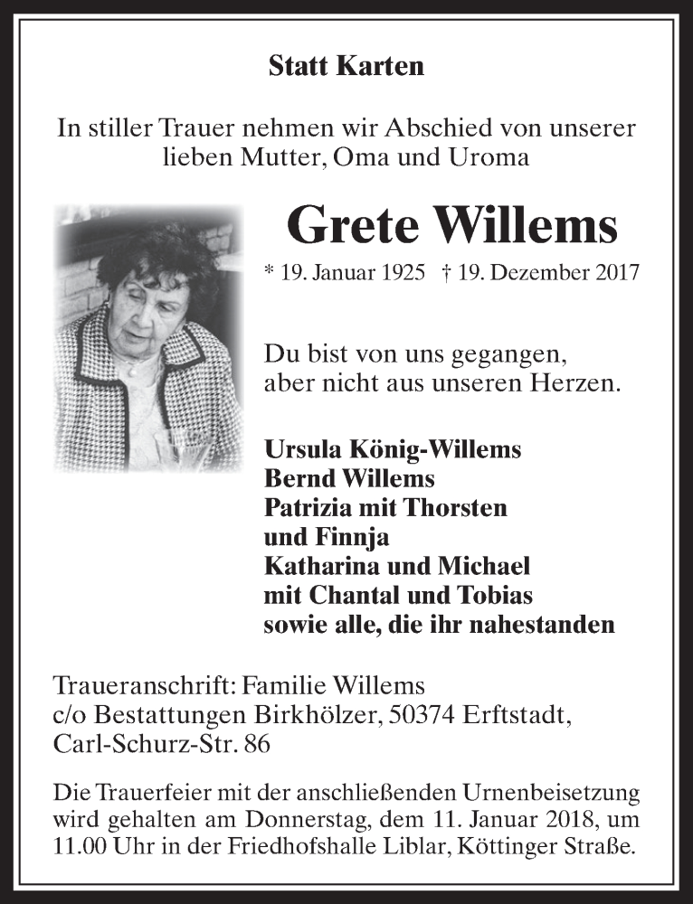  Traueranzeige für Grete Willems vom 03.01.2018 aus  Werbepost 