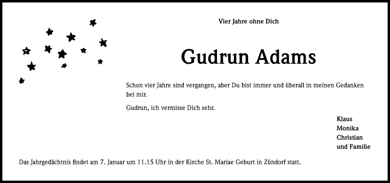  Traueranzeige für Gudrun Adams vom 06.01.2018 aus Kölner Stadt-Anzeiger / Kölnische Rundschau / Express