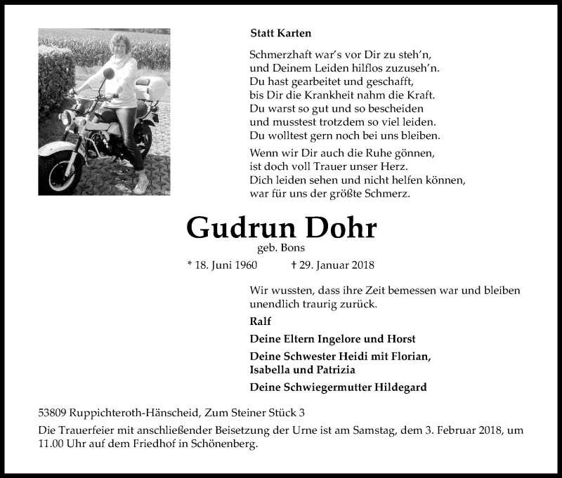  Traueranzeige für Gudrun Dohr vom 31.01.2018 aus Kölner Stadt-Anzeiger / Kölnische Rundschau / Express