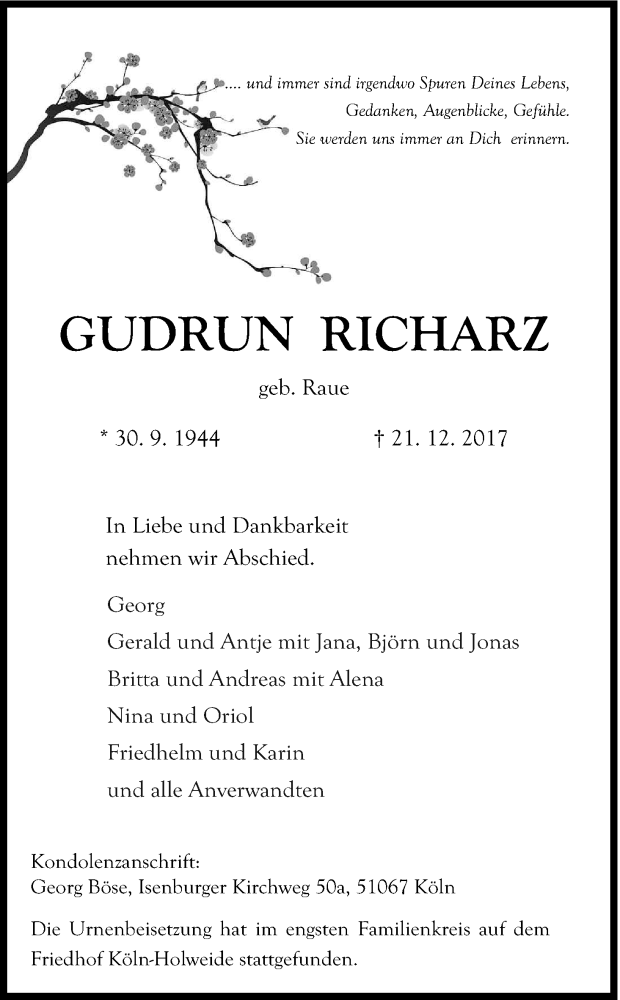  Traueranzeige für Gudrun Richarz vom 13.01.2018 aus Kölner Stadt-Anzeiger / Kölnische Rundschau / Express