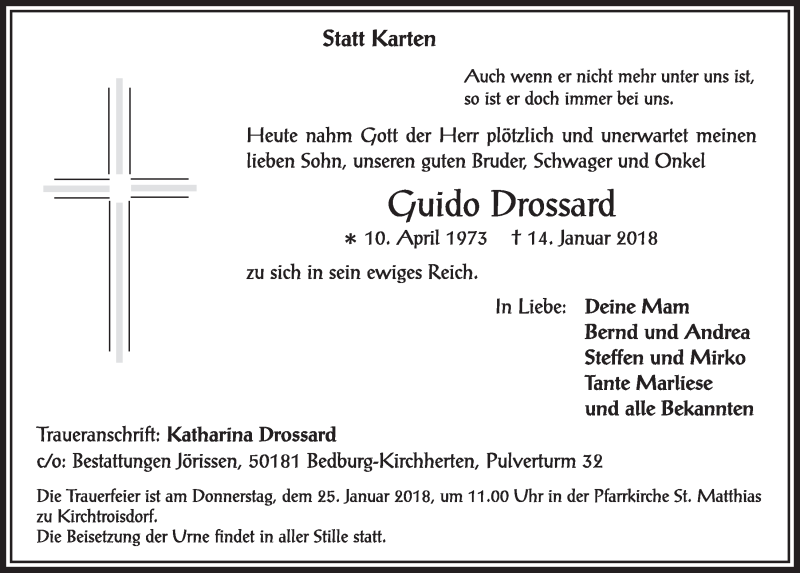  Traueranzeige für Guido Drossard vom 20.01.2018 aus  Sonntags-Post 