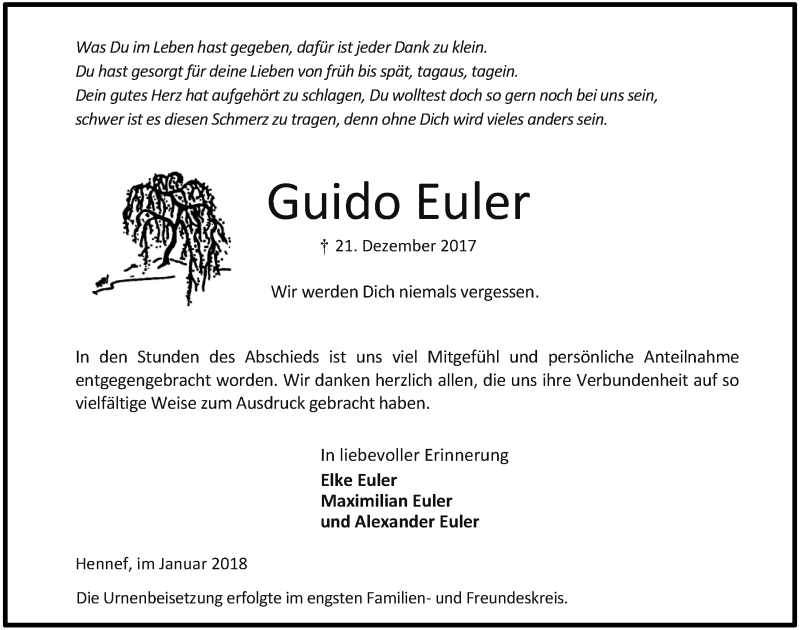  Traueranzeige für Guido Euler vom 10.01.2018 aus  Extra Blatt 