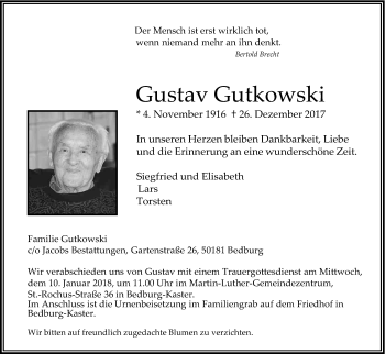 Anzeige von Gustav Gutkowski von Kölner Stadt-Anzeiger / Kölnische Rundschau / Express