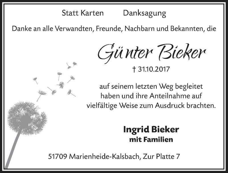  Traueranzeige für Günter Bieker vom 17.01.2018 aus  Anzeigen Echo 