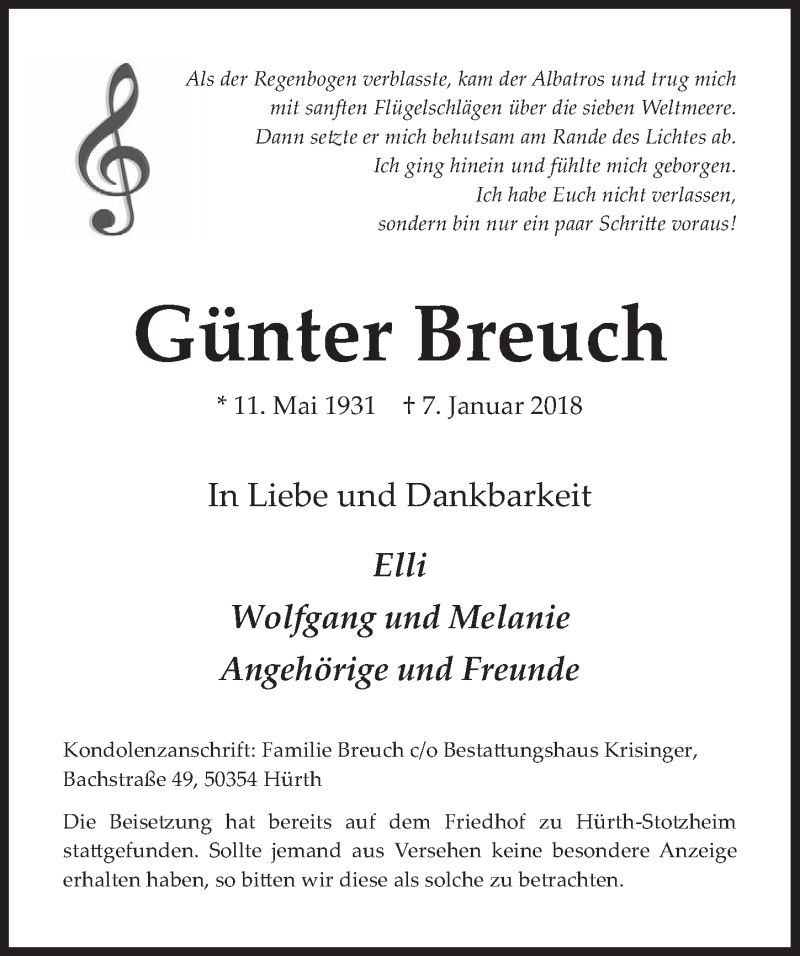  Traueranzeige für Günter Breuch vom 17.01.2018 aus  Wochenende 