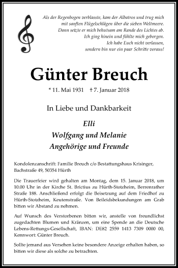 Anzeige von Günter Breuch von Kölner Stadt-Anzeiger / Kölnische Rundschau / Express