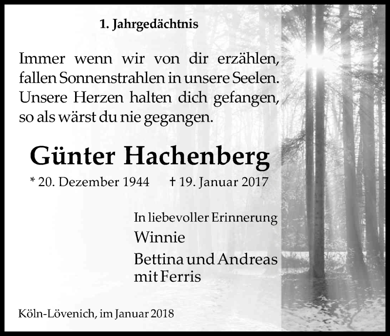  Traueranzeige für Günter Hachenberg vom 20.01.2018 aus Kölner Stadt-Anzeiger / Kölnische Rundschau / Express