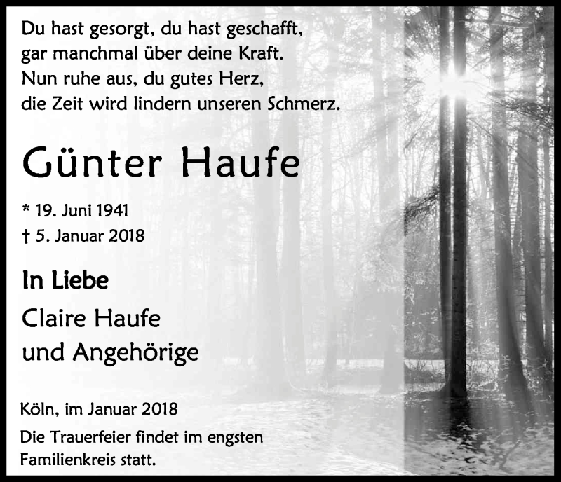  Traueranzeige für Günter Haufe vom 10.01.2018 aus Kölner Stadt-Anzeiger / Kölnische Rundschau / Express