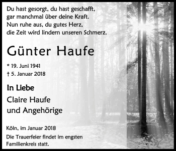 Anzeige von Günter Haufe von Kölner Stadt-Anzeiger / Kölnische Rundschau / Express