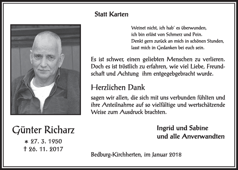  Traueranzeige für Günter Richarz vom 13.01.2018 aus  Sonntags-Post 