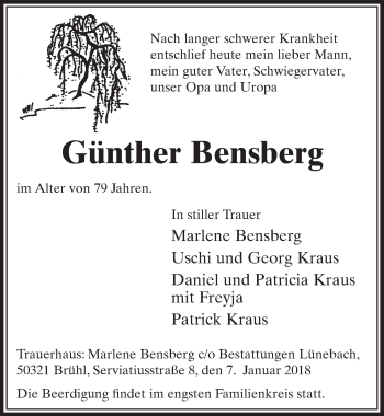 Anzeige von Günther Bensberg von  Schlossbote/Werbekurier 