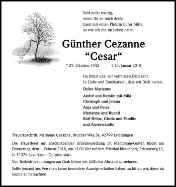 Anzeige von Günther Cezanne von Kölner Stadt-Anzeiger / Kölnische Rundschau / Express