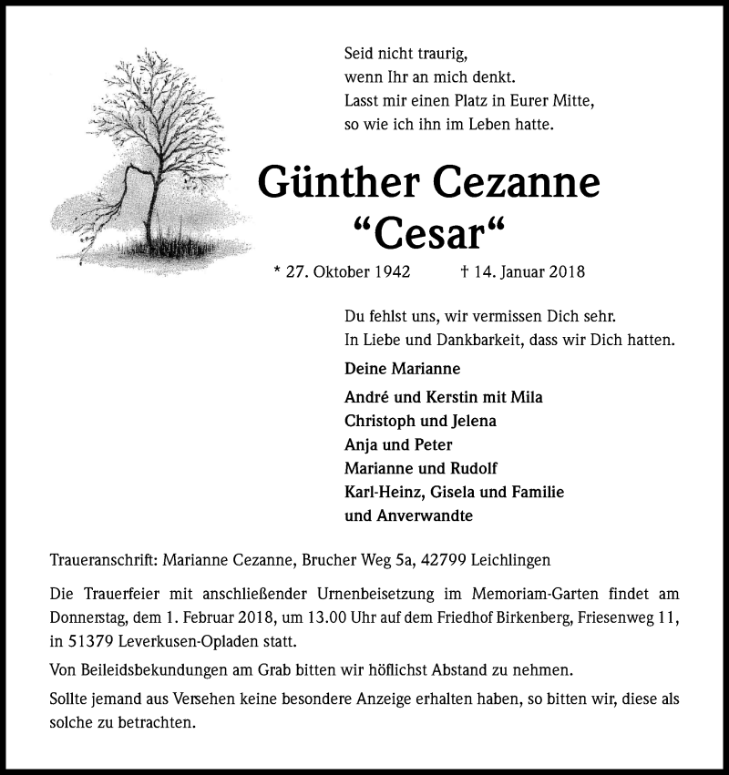  Traueranzeige für Günther Cezanne vom 27.01.2018 aus Kölner Stadt-Anzeiger / Kölnische Rundschau / Express