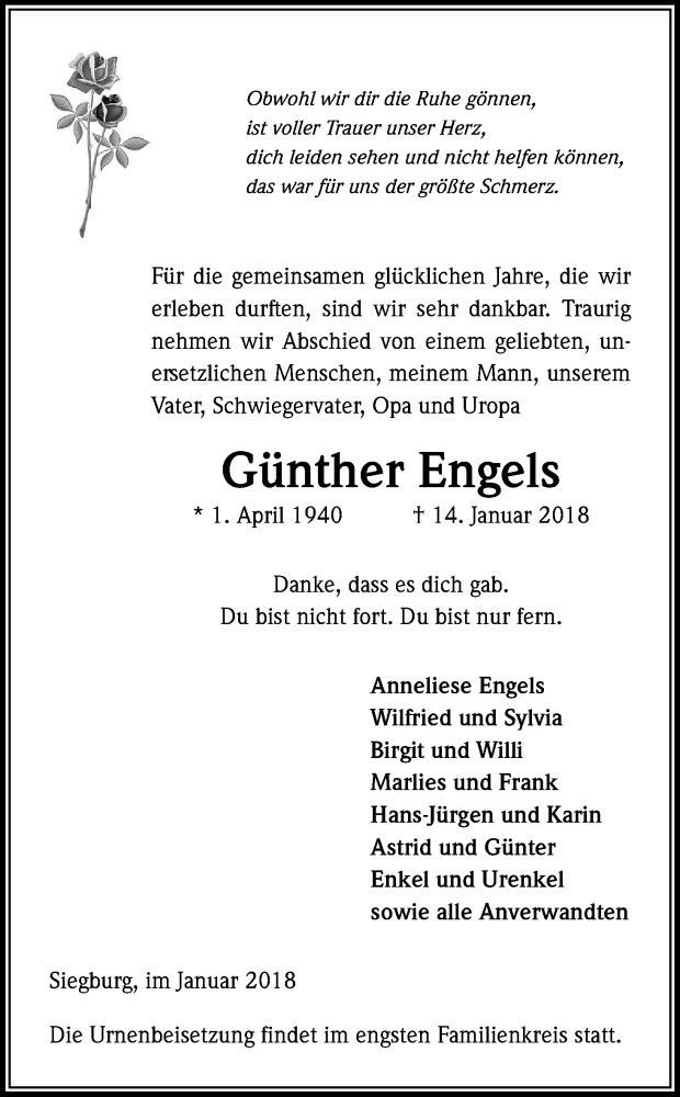  Traueranzeige für Günther Engels vom 24.01.2018 aus Kölner Stadt-Anzeiger / Kölnische Rundschau / Express