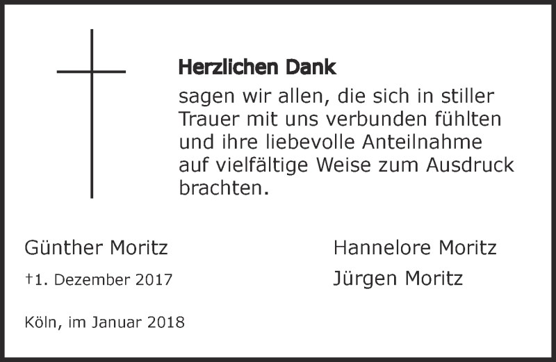  Traueranzeige für Günther Moritz vom 03.01.2018 aus  Kölner Wochenspiegel 