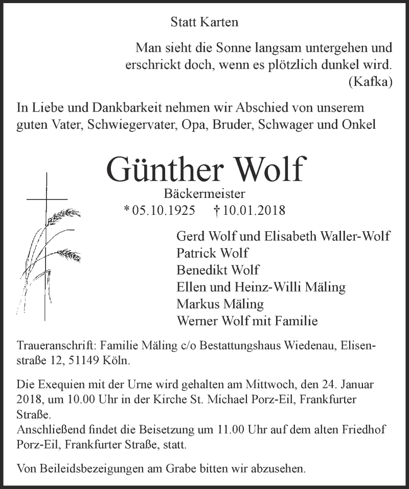  Traueranzeige für Günther Wolf vom 17.01.2018 aus  Kölner Wochenspiegel 
