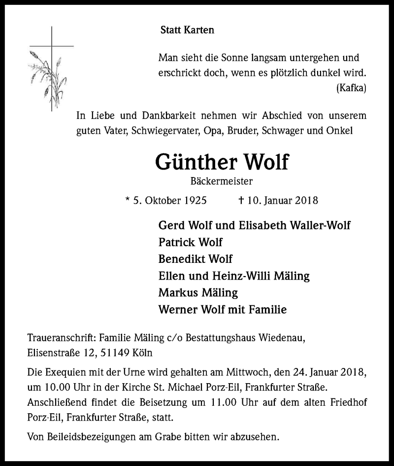  Traueranzeige für Günther Wolf vom 17.01.2018 aus Kölner Stadt-Anzeiger / Kölnische Rundschau / Express