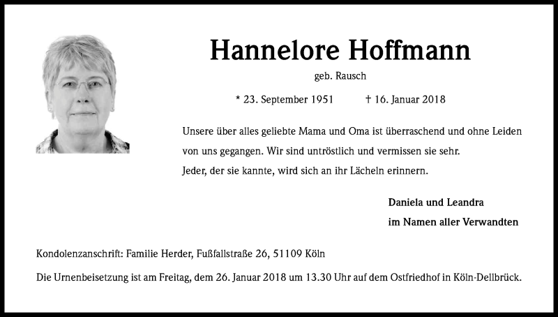  Traueranzeige für Hannelore Hoffmann vom 20.01.2018 aus Kölner Stadt-Anzeiger / Kölnische Rundschau / Express